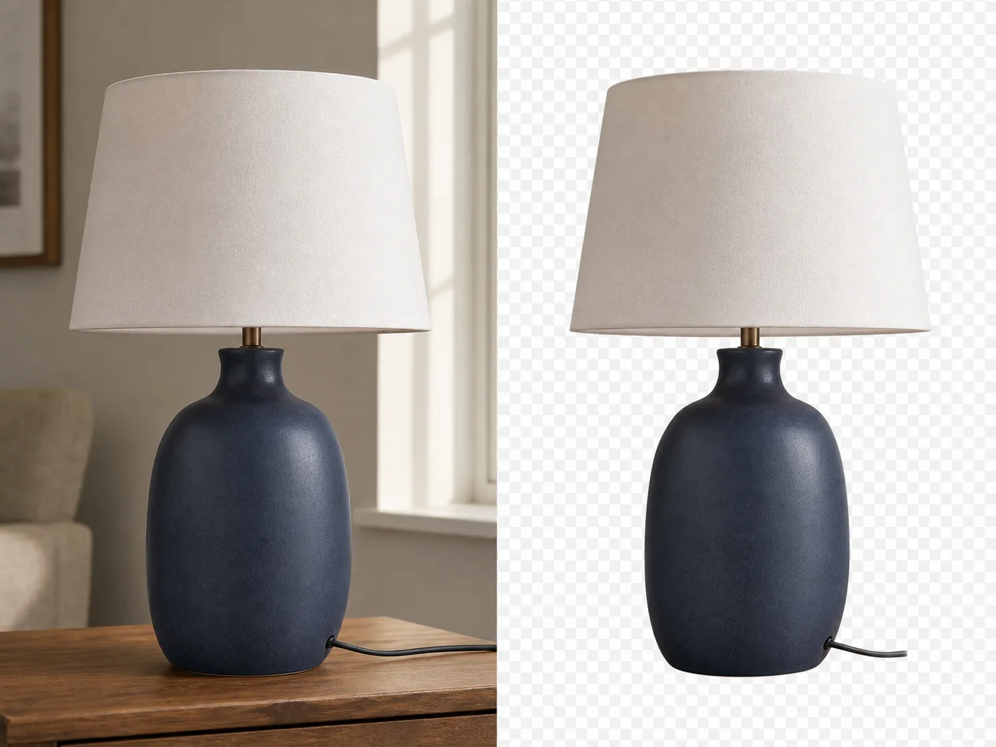 The same navy table lamp shown in a living room and isolated on a transparent checkerboard