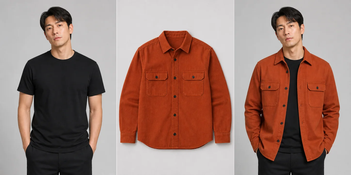 A fictional male model, rust-orange overshirt reference, and apparel visual draft used to review pockets, buttons, color, and silhouette