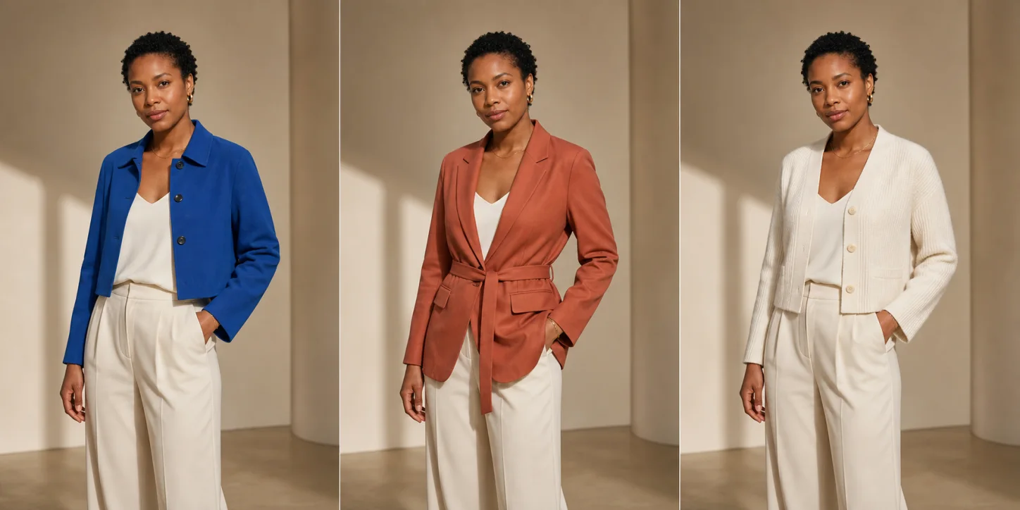 The same fictional creator shown in three consistent studio portraits with cobalt, terracotta, and cream outerwear concepts