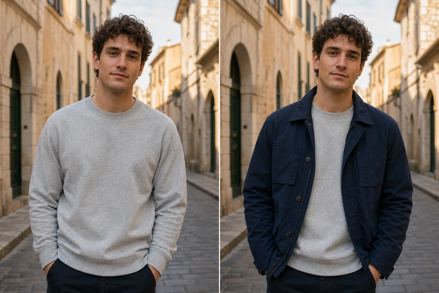 The same fictional man in an old-city street before and after adding a navy jacket while the portrait setting remains consistent