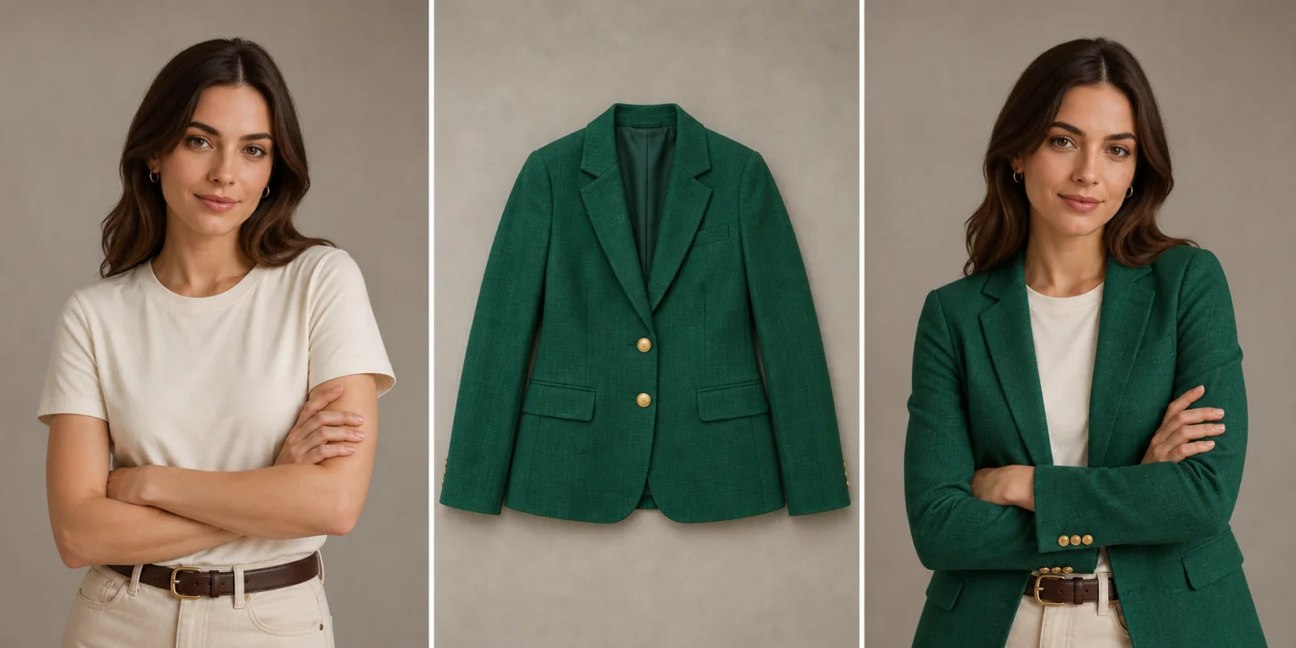 A fictional woman, a separate green blazer reference, and a clothing-change concept that keeps her pose and studio setting recognizable