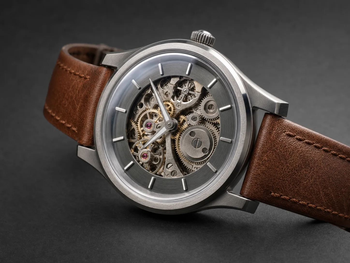 Recommended unbranded watch image with natural steel edges, gear geometry, and leather texture