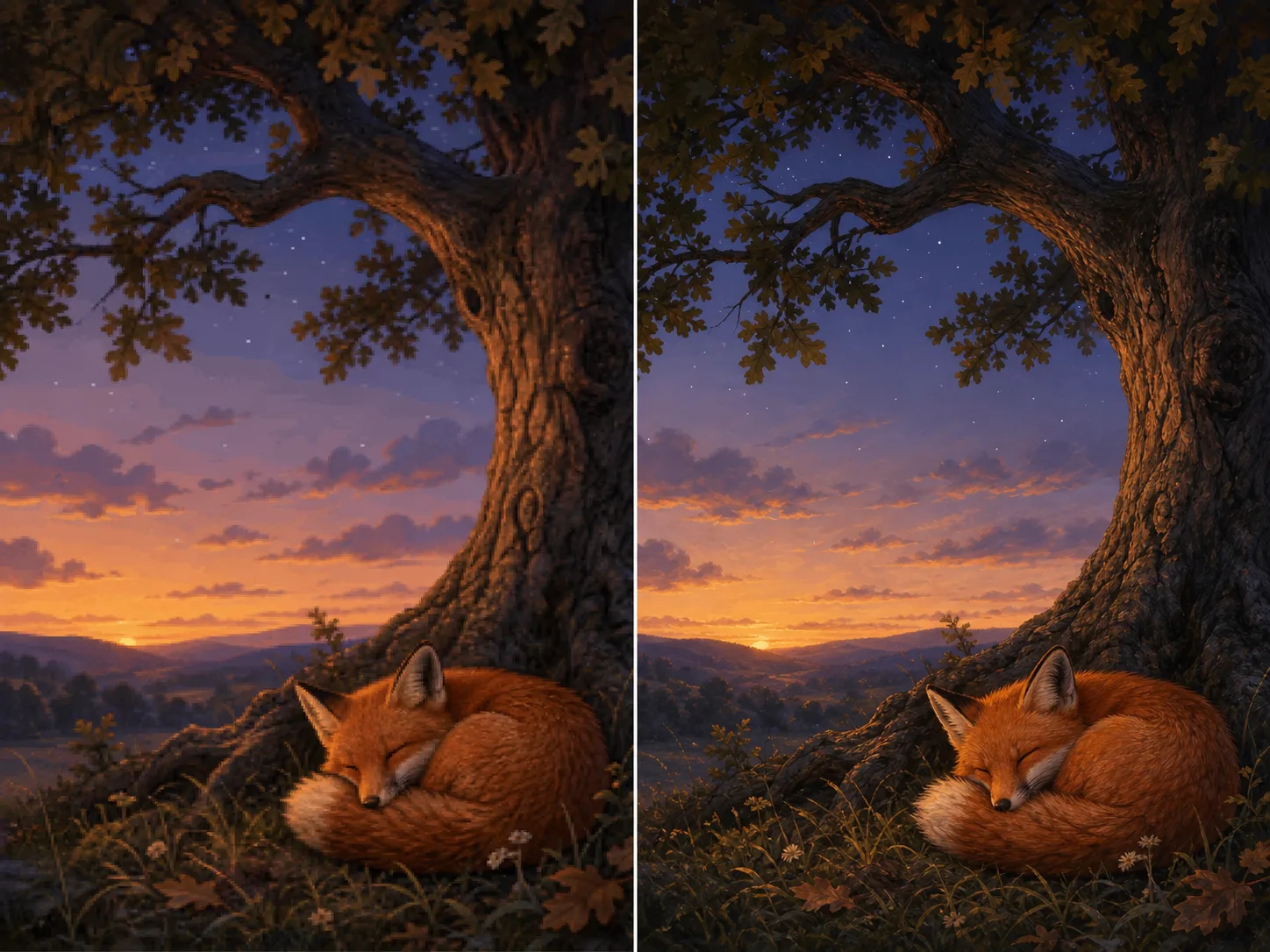 Illustrative fox artwork comparison showing raster artifacts beside cleaner curves and preserved brush texture