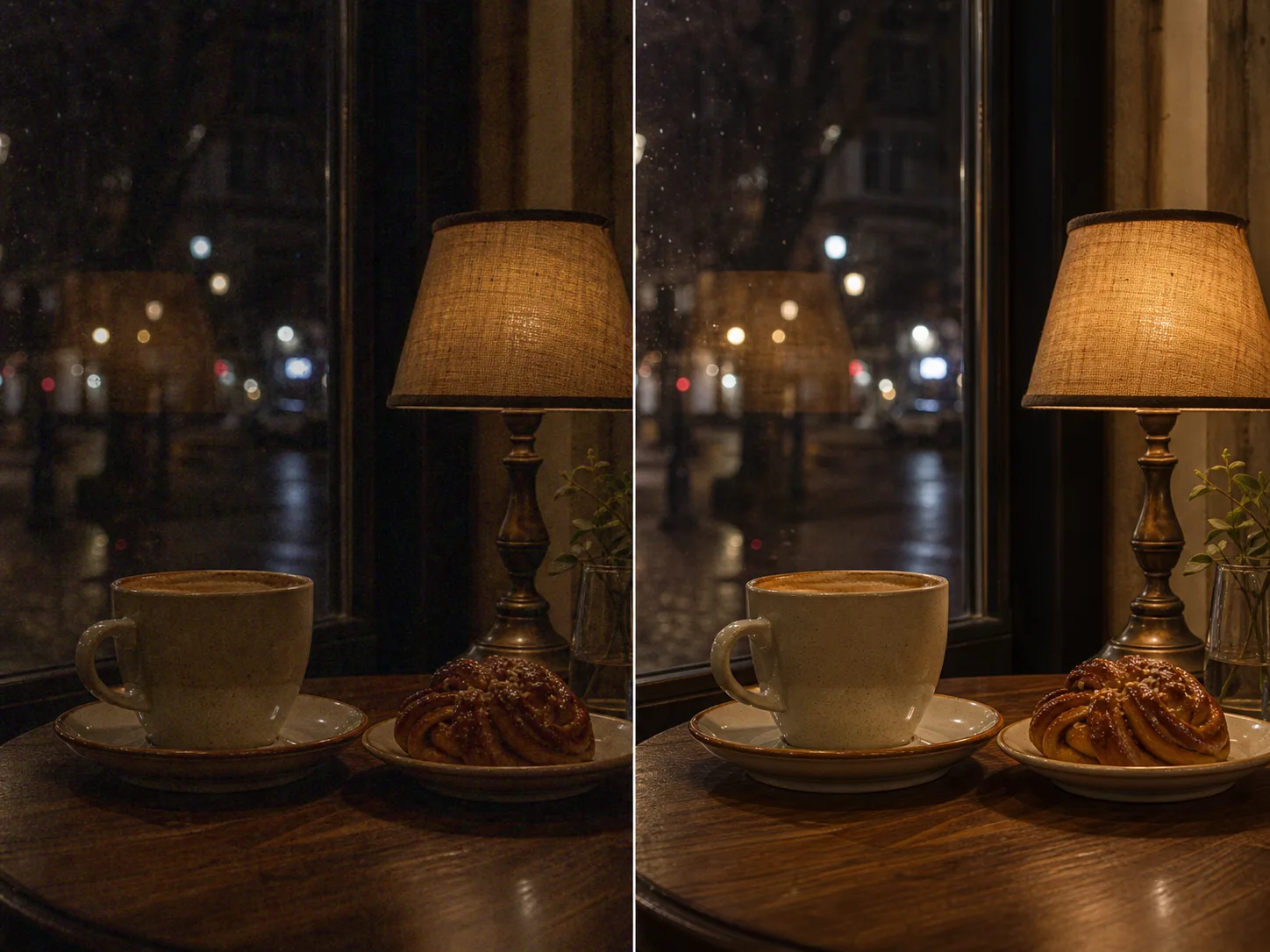 Illustrative cafe comparison showing a dark noisy source beside a balanced low-light version
