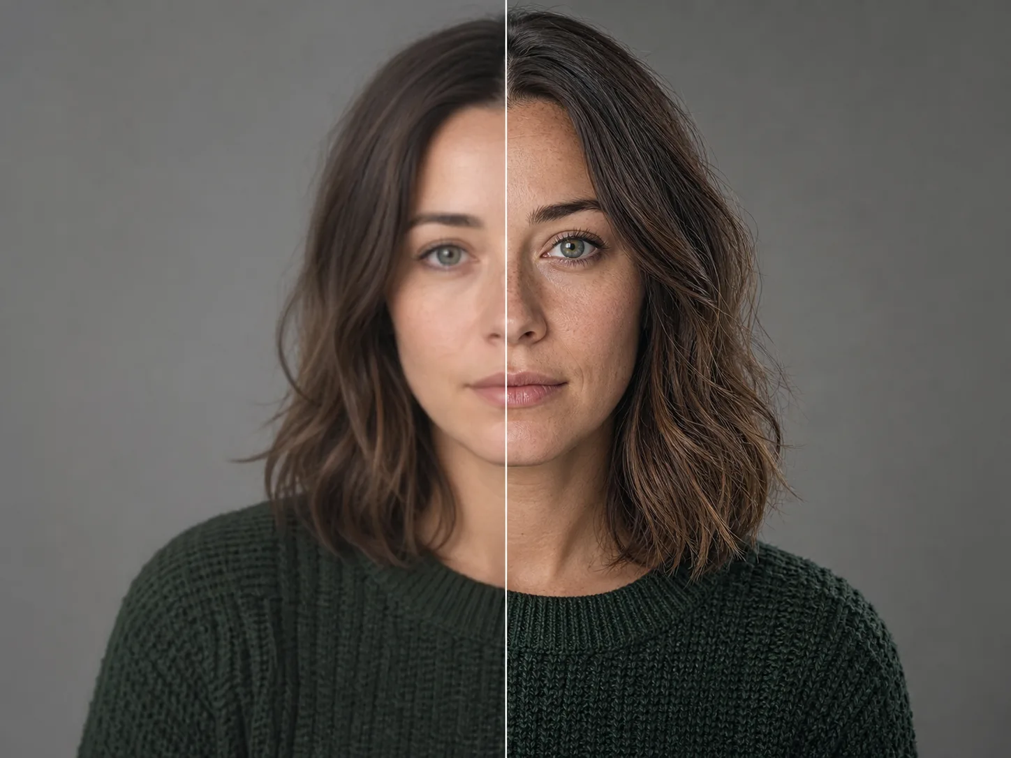 Illustrative fictional portrait comparison showing a soft source beside natural hair, skin, and knit detail