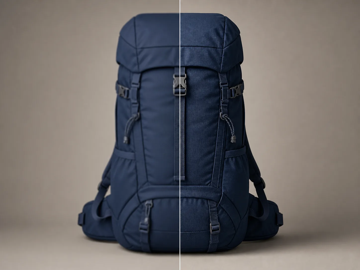 Illustrative backpack comparison showing soft fabric detail beside clearer stitching and hardware