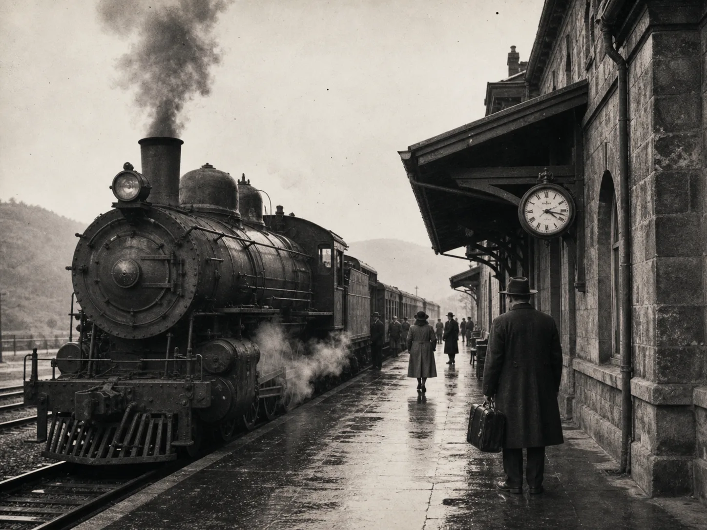 Fictional black-and-white railway station scan illustrating an archival enhancement use case