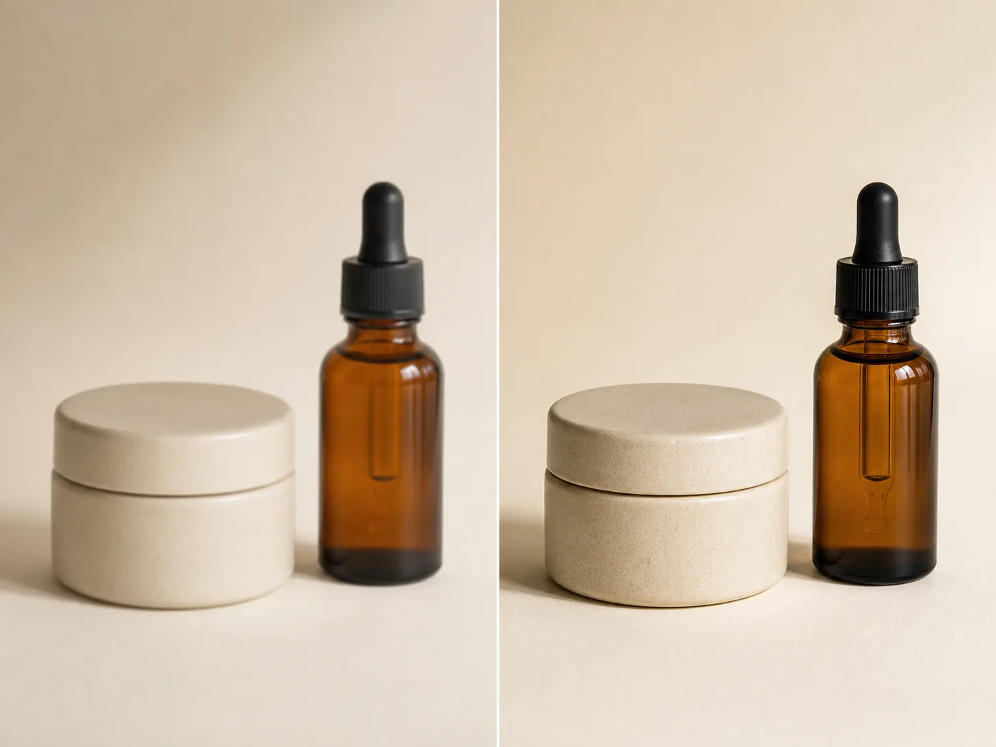 Illustrative unbranded skincare products shown with soft edges beside clearer material texture