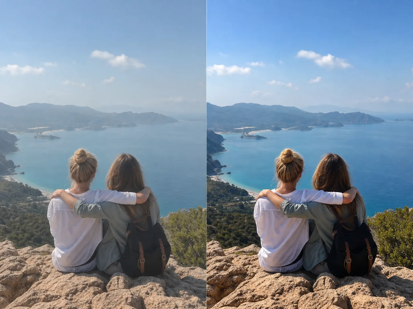 Illustrative travel photo comparison showing a hazy phone-style source beside balanced coastal detail
