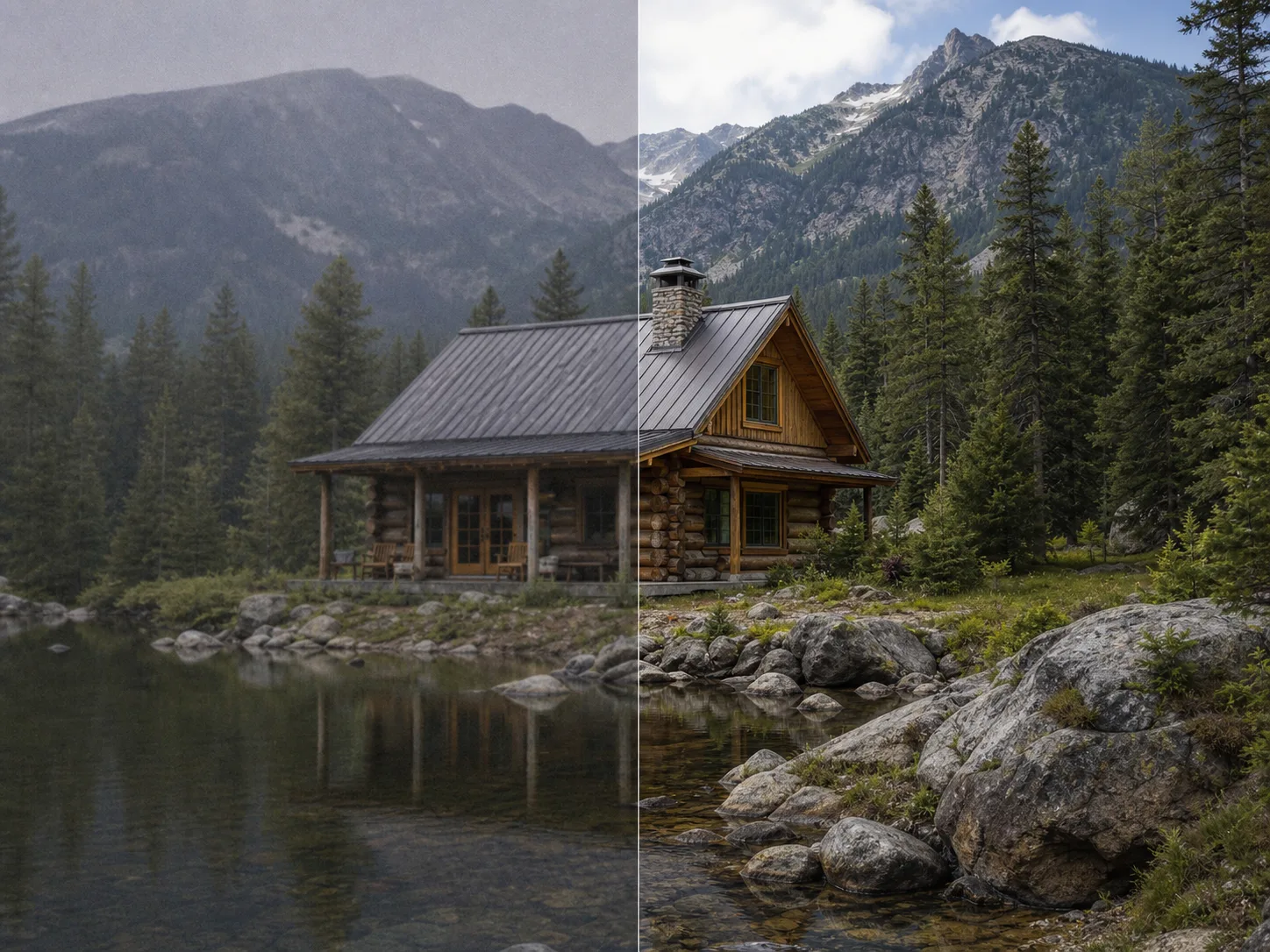 Illustrative cabin comparison showing a soft low-contrast source beside a naturally clearer version