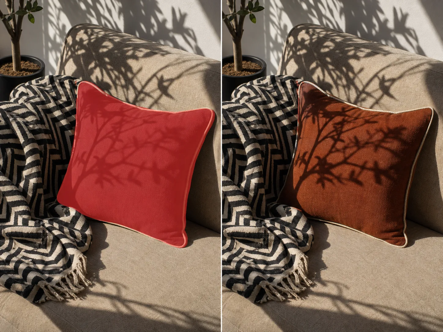 Avoid masked cushion intersecting a geometric throw, piping, and hard branching shadow