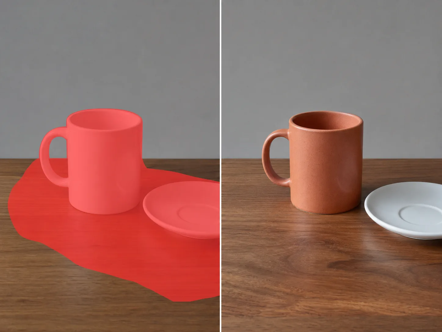 Avoid oversized coral mask covering a mug, tabletop, saucer edge, and cast shadow