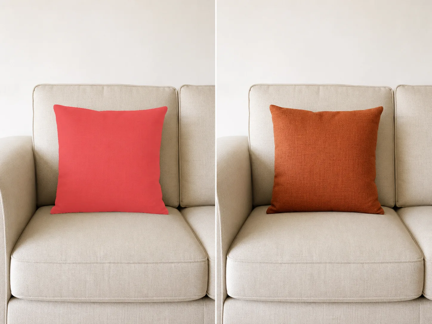 Recommended isolated cushion with a tight coral mask on a plain beige sofa