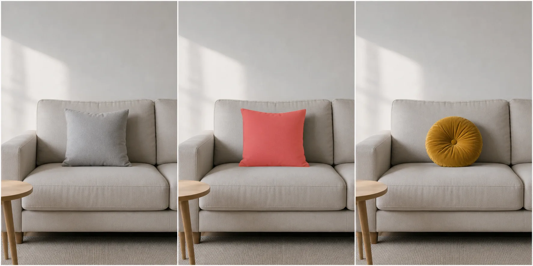 A gray square sofa pillow, a coral mask over it, and a round mustard velvet cushion in the same room