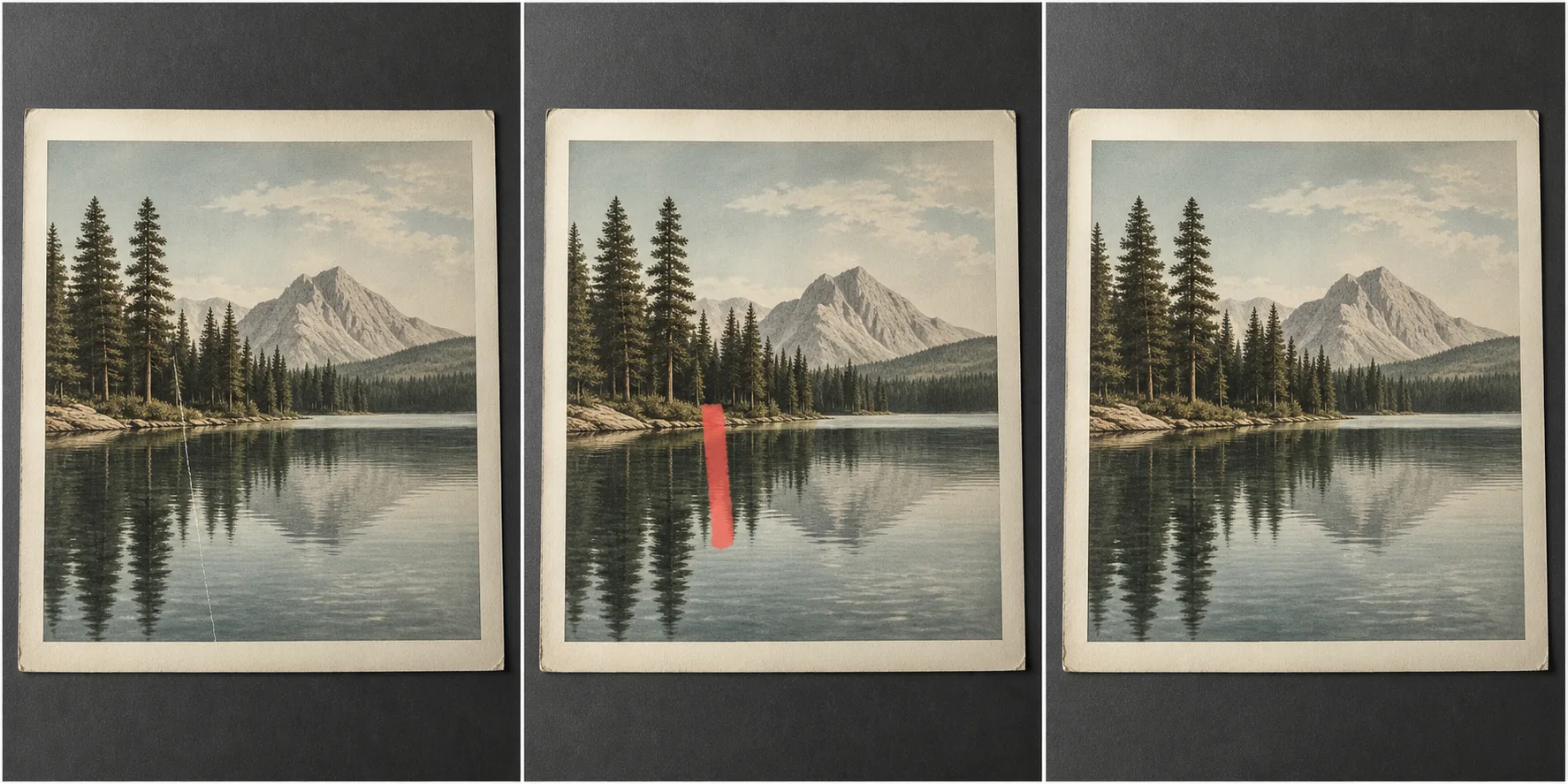A scratched fictional landscape print, a narrow coral repair mask, and the reconstructed lake and trees