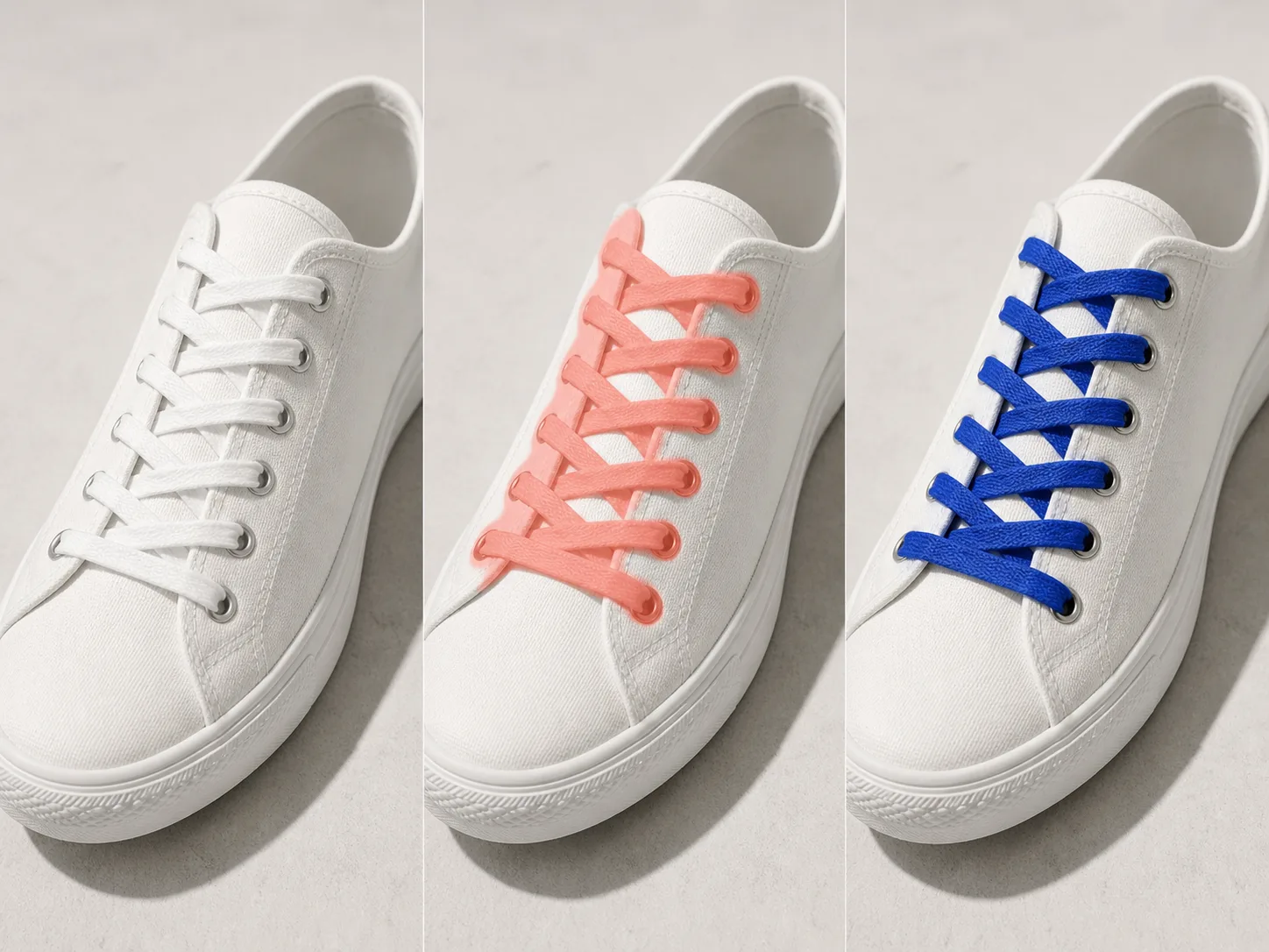 White sneaker laces, a coral mask over the lace path, and locally generated cobalt-blue woven laces