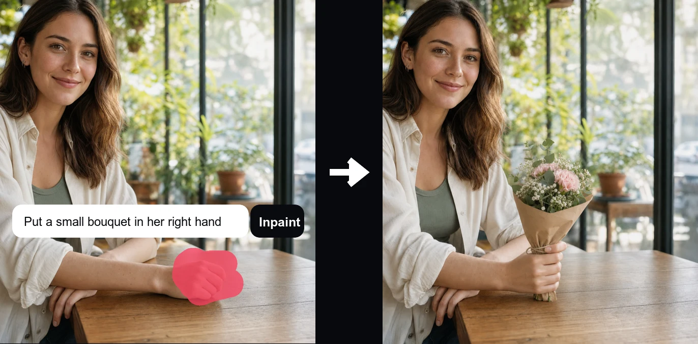 A masked hand changed into a hand holding a small bouquet after AI inpainting