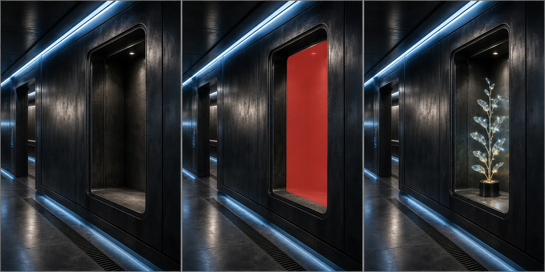 An empty fictional sci-fi alcove, a coral mask inside it, and a locally generated glowing botanical sculpture