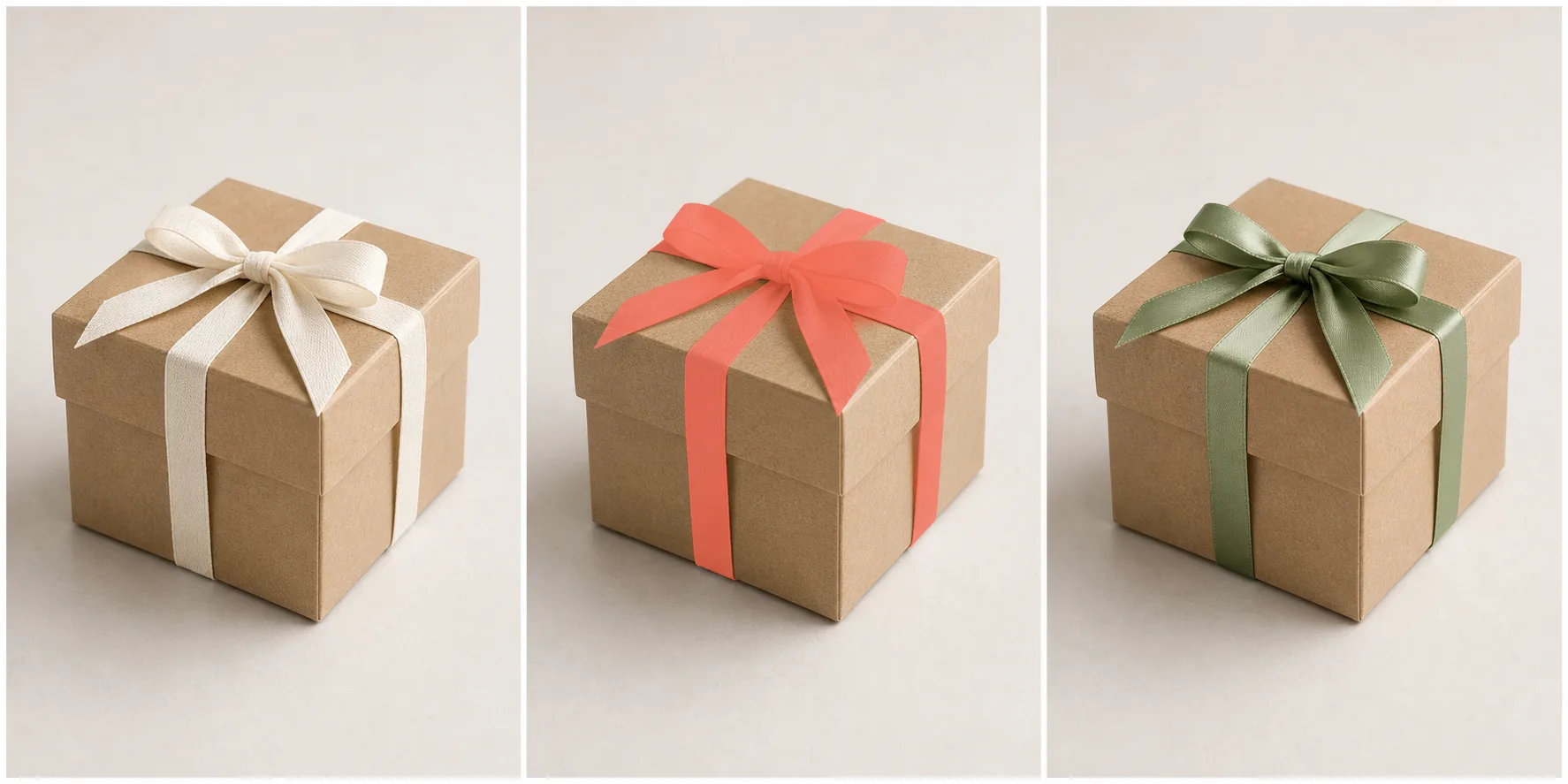 An off-white gift-box ribbon, a coral mask over the ribbon, and a locally generated sage-green satin bow