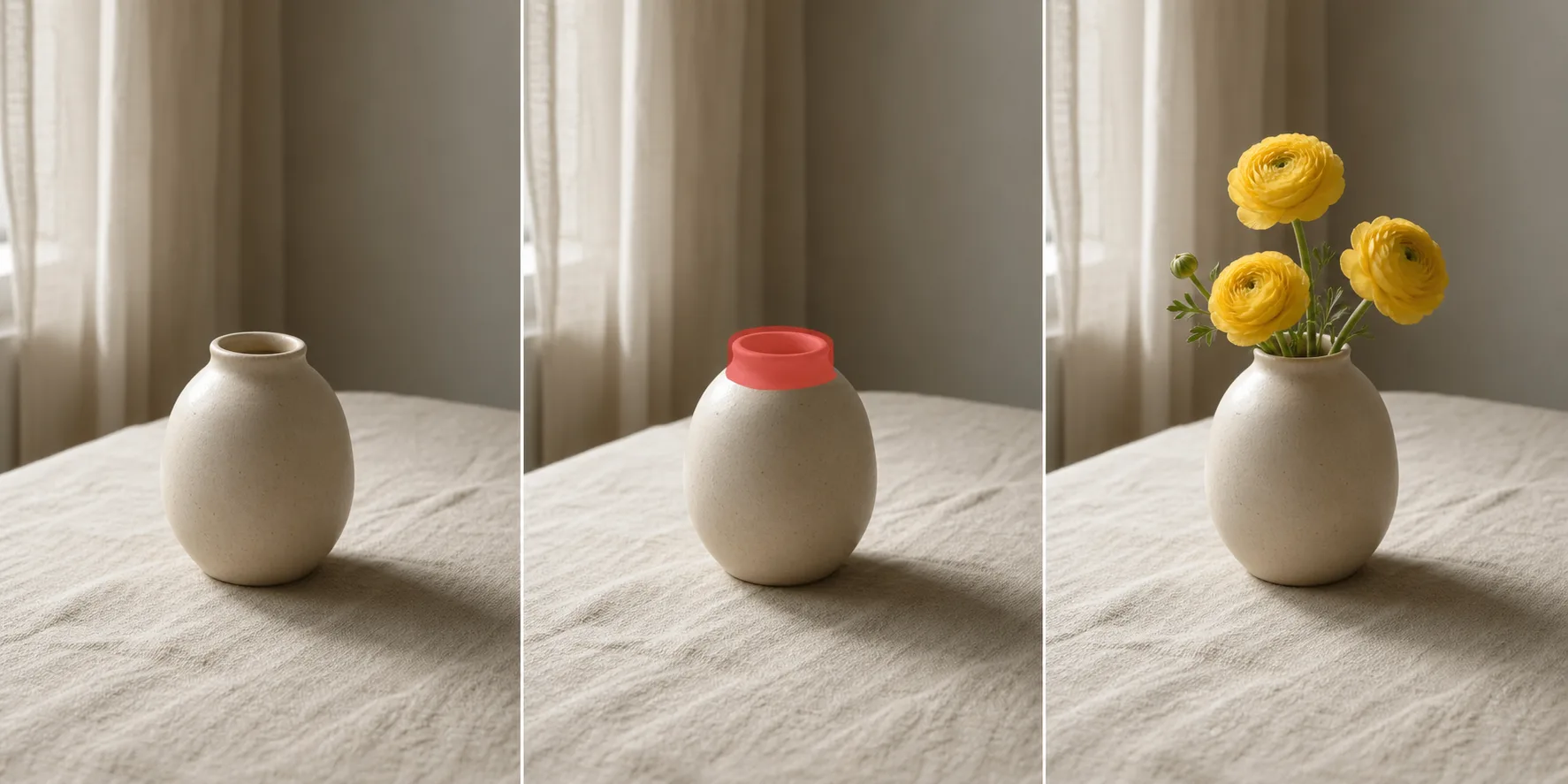 An empty ivory vase, a coral mask around its opening, and three locally generated yellow flowers
