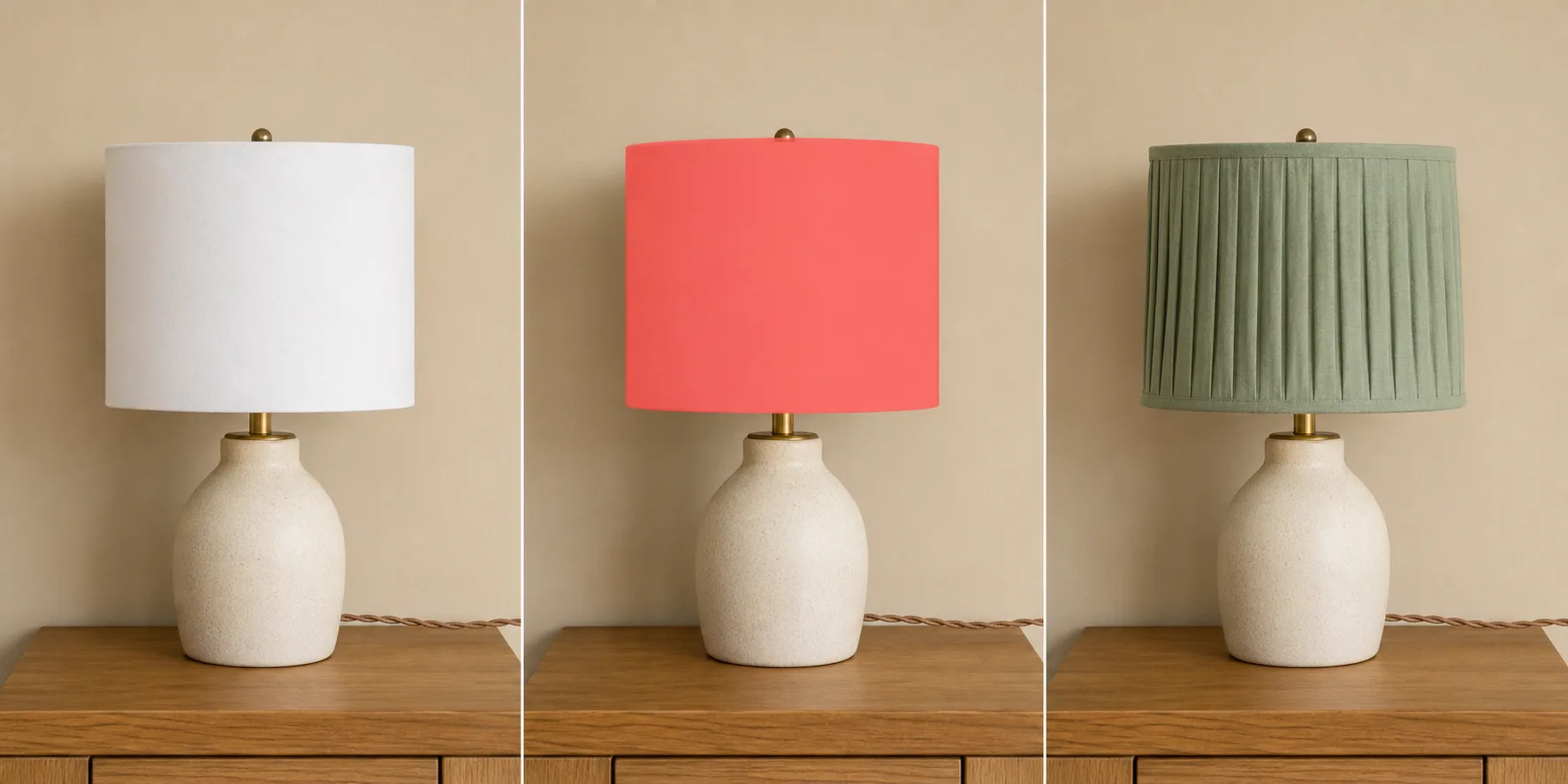 A white lampshade, a coral mask over the shade, and a locally redrawn sage-green pleated shade