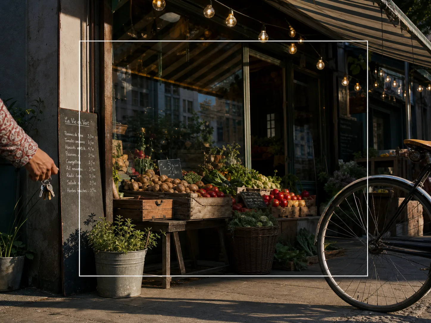Avoid source boundary crossed by a hand, bicycle spokes, striped awning, chalk marks, reflections, lights, and hard shadows