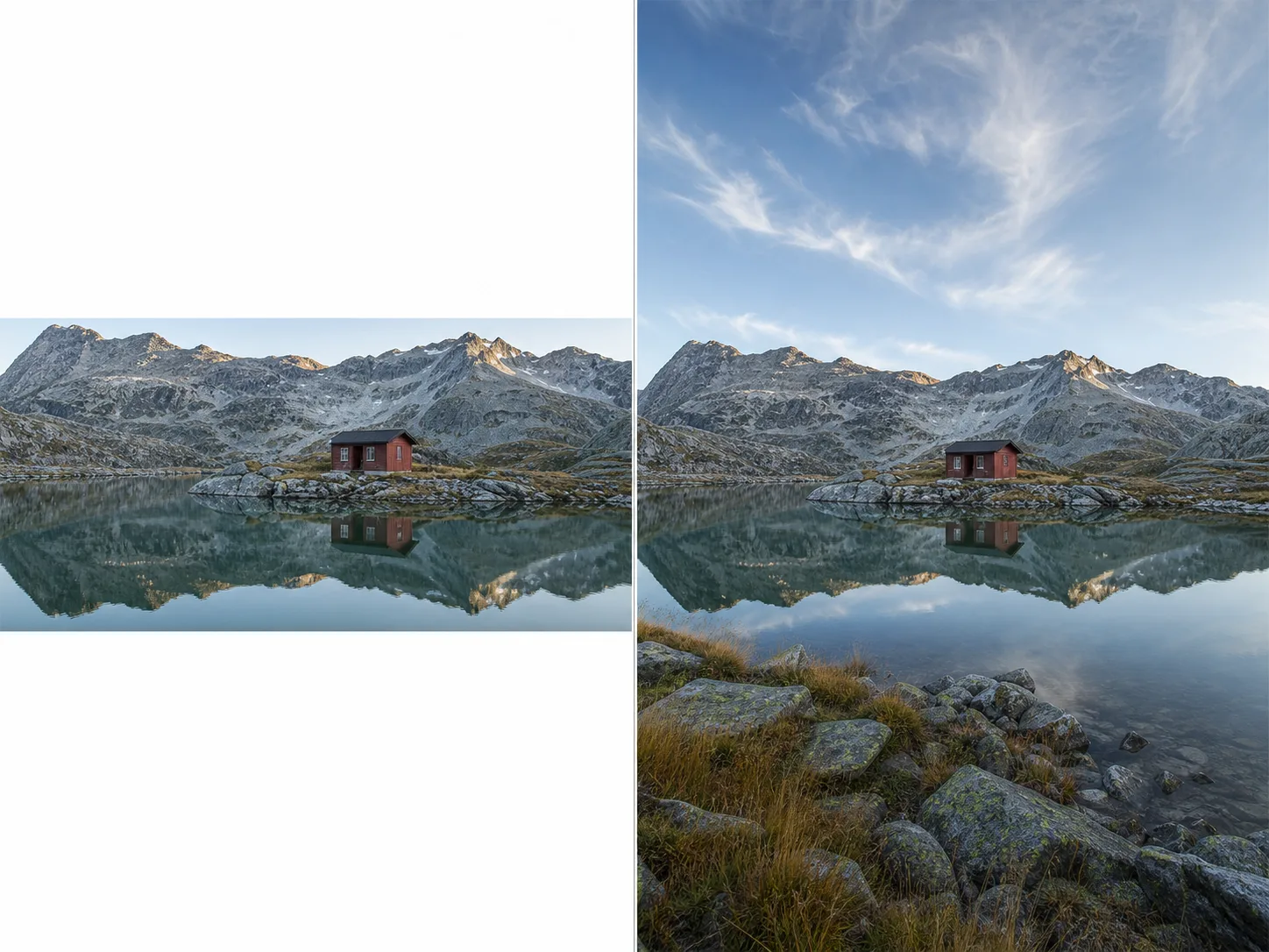 A shallow alpine panorama beside a taller generated composition with added sky, shoreline, rocks, and grasses
