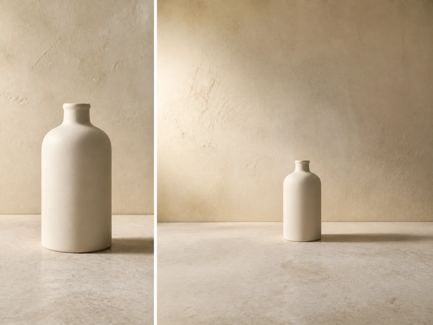 A tightly framed cream bottle beside a wider product composition with generated plaster wall and tabletop on both sides