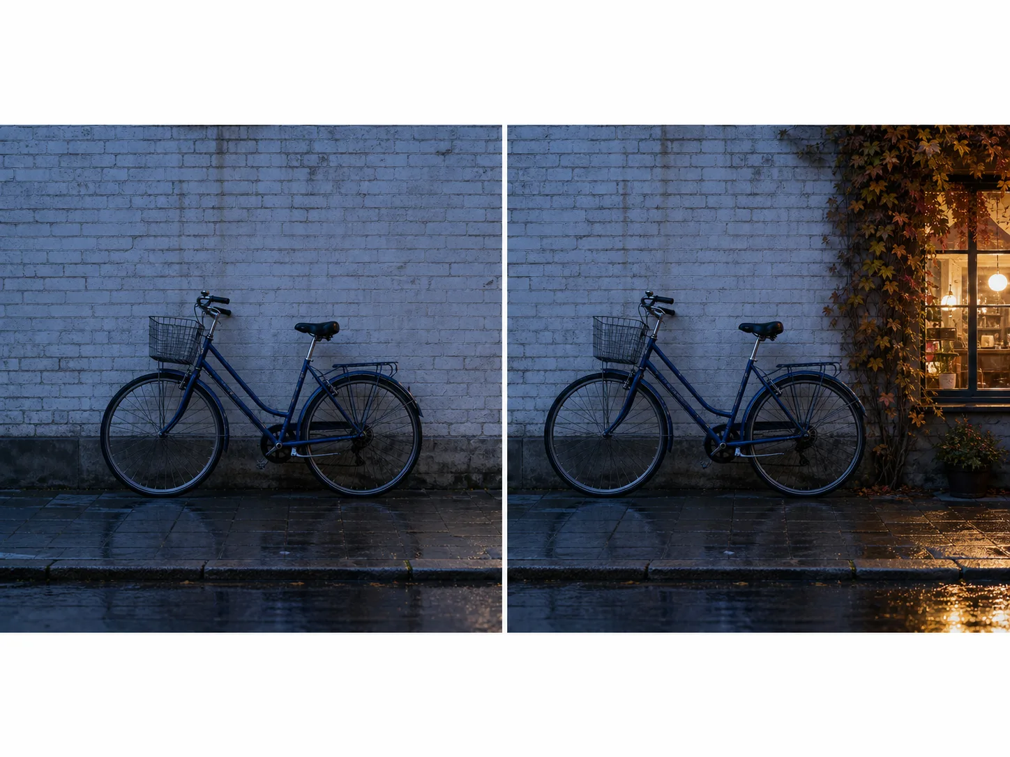 The same bicycle scene with a plain outward continuation and a prompted continuation adding ivy and warm window light only at the new edge