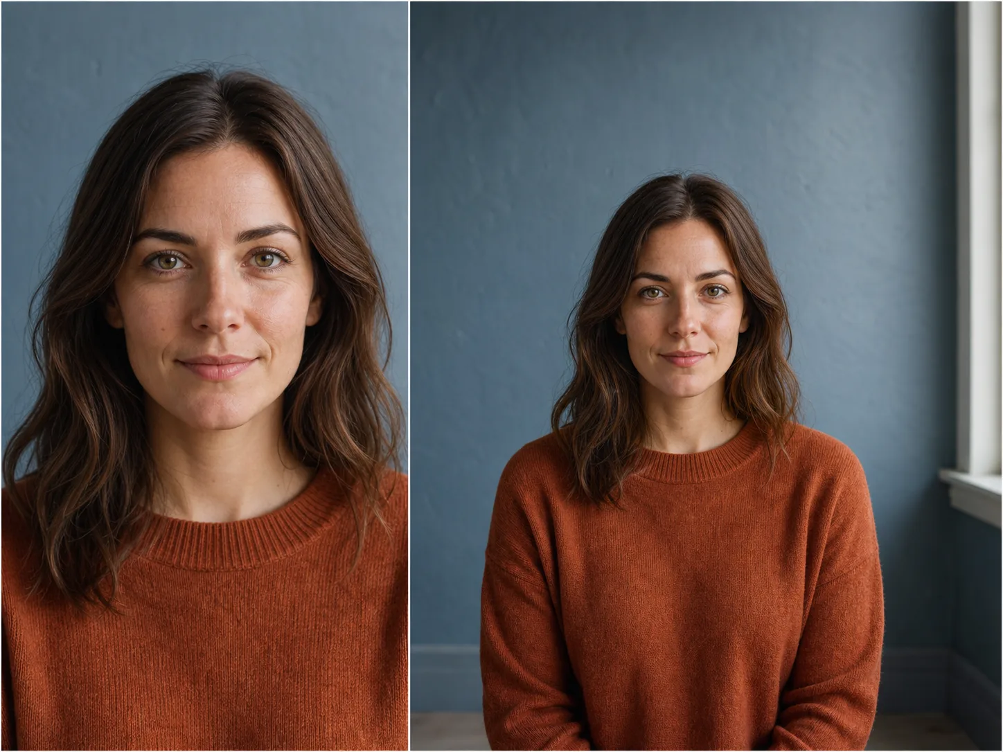 A close portrait beside a wider generated frame that adds both shoulders, wall, and window space around the same person