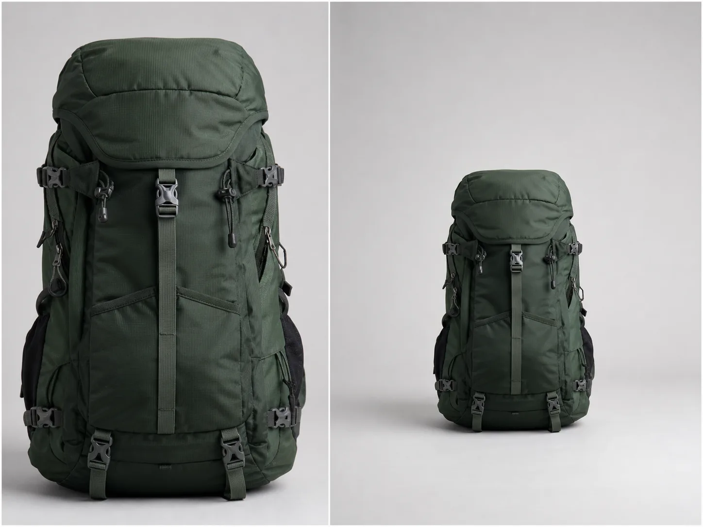 A tight green backpack photo beside a wide banner draft with generated neutral studio backdrop