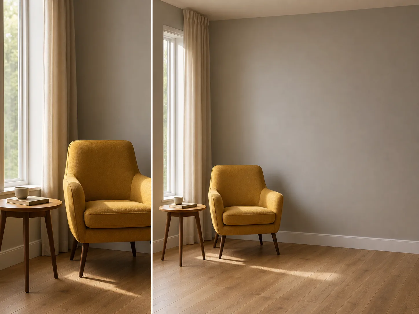 A tight reading-nook photo beside a wider generated interior with continuing wall, curtain, baseboard, and floor