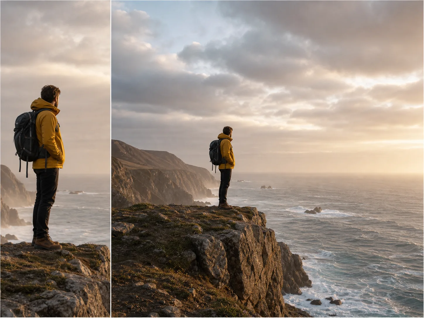 A tightly framed coastal hiker beside a wider uncropped composition with generated cliff, ocean, and sky