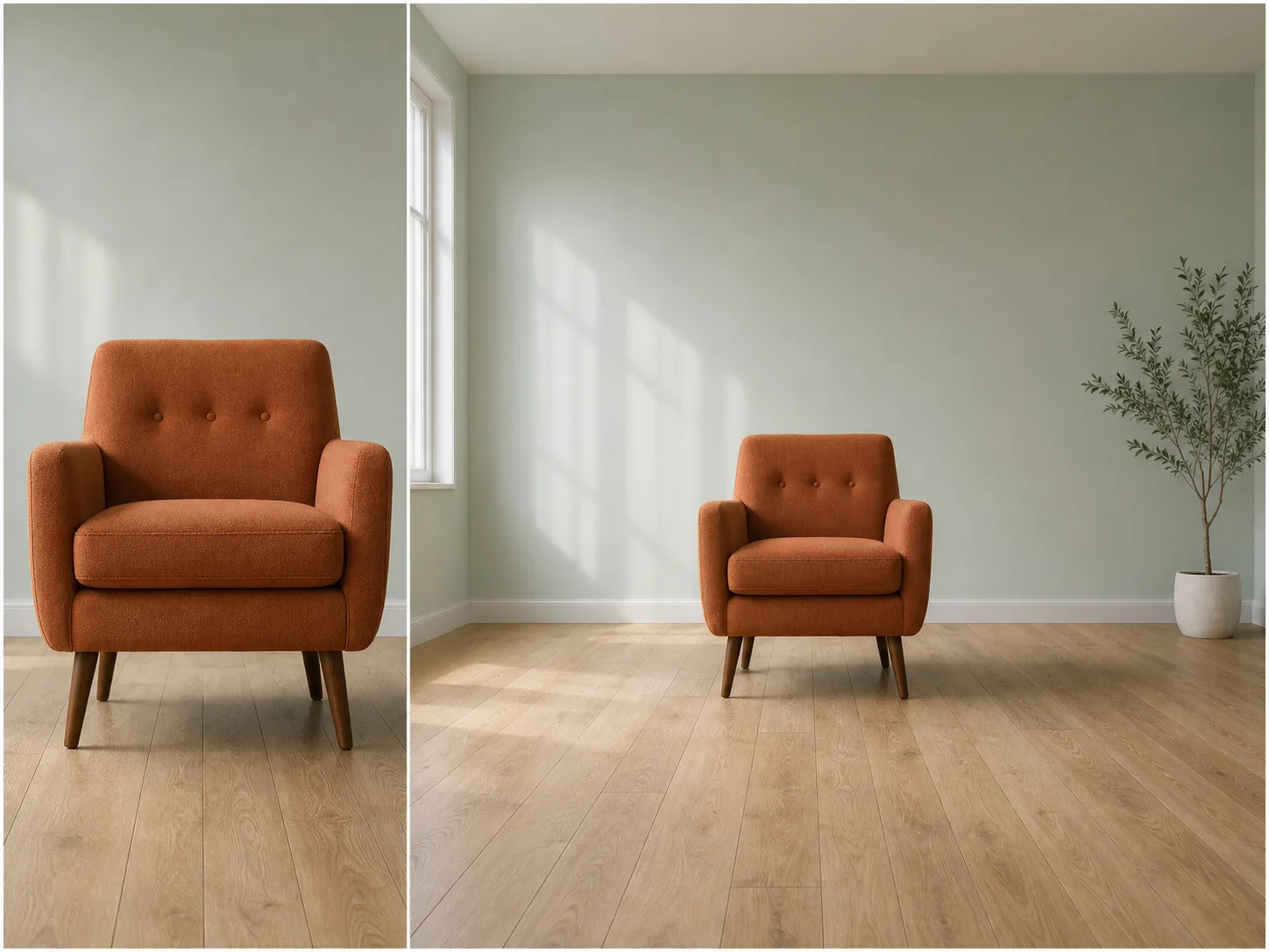 A tight armchair photo beside a wider generated room composition with new wall and floor around the same subject