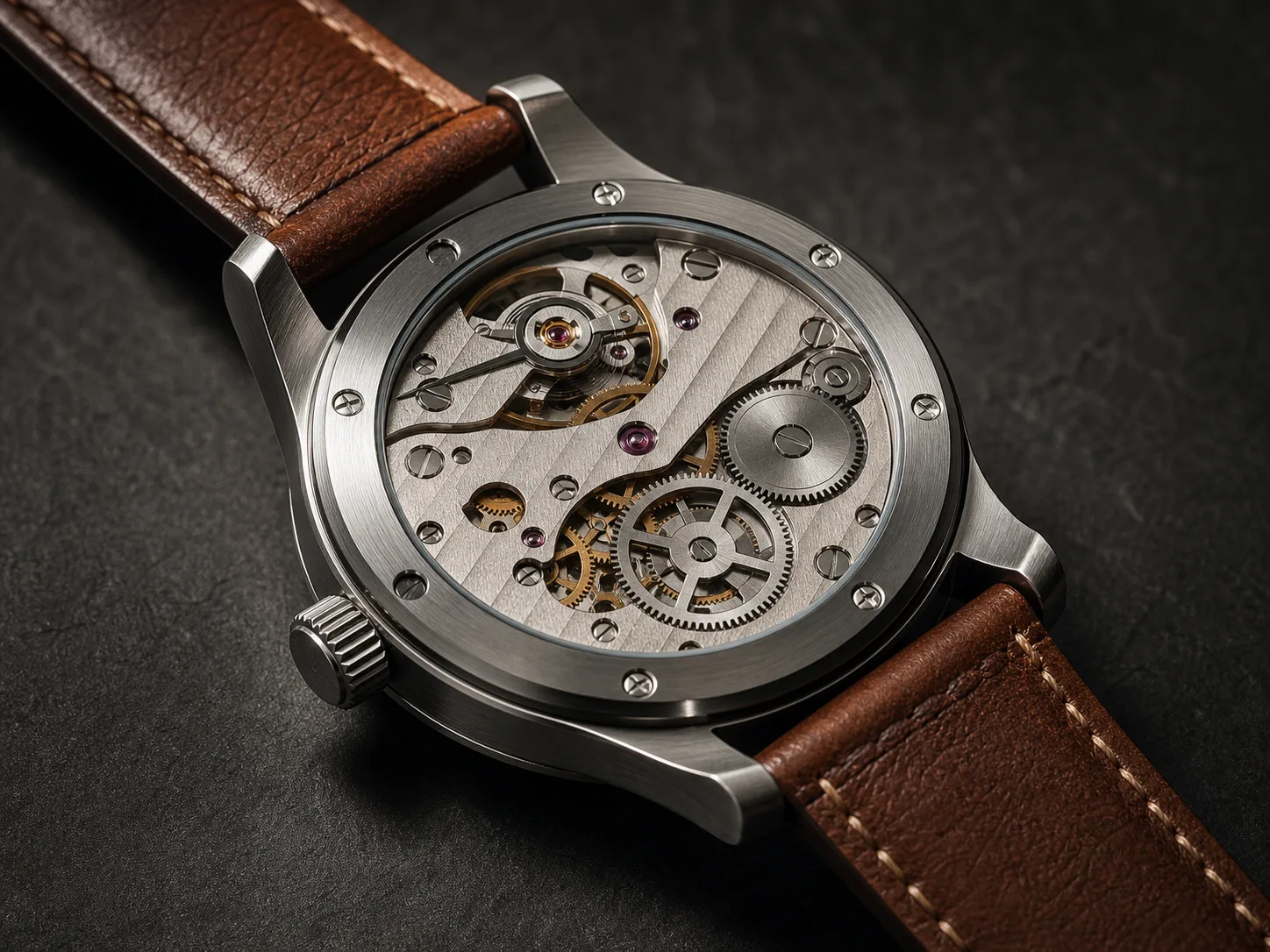 Recommended watch result with natural metal edges, gear patterns, and leather texture