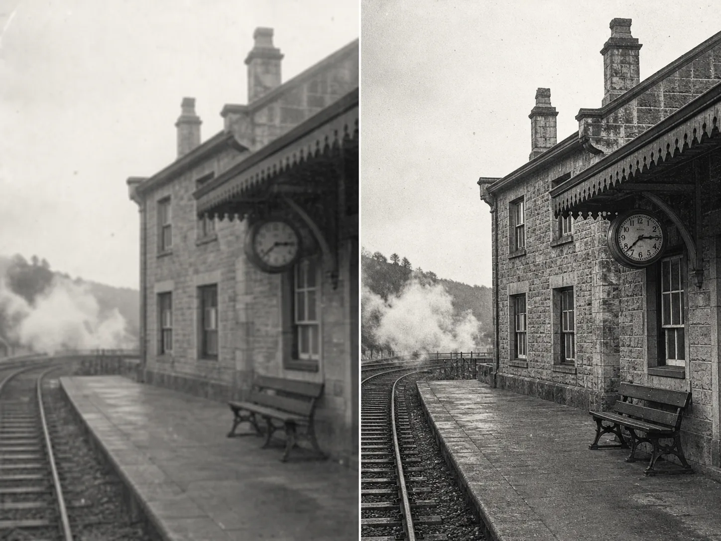 A fictional archival railway station scan shown as a soft source and a clearer monochrome upscale