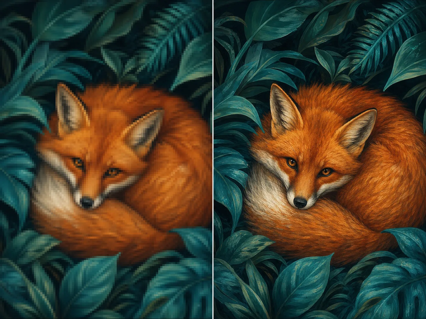A fox illustration shown with pixelated raster edges and a clearer enlarged version