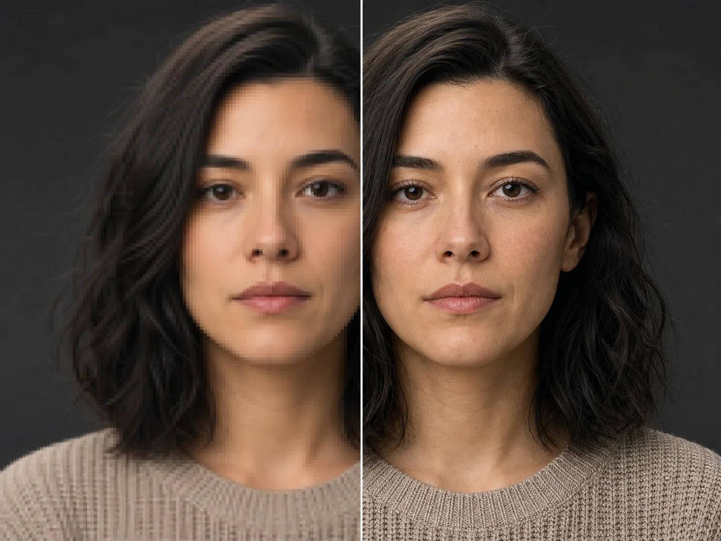 The same fictional portrait shown as a low-resolution enlargement and a sharper result