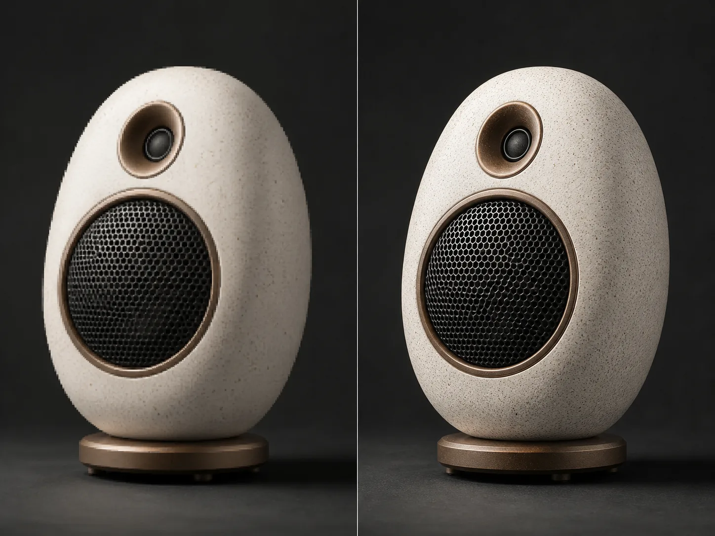 A ceramic speaker shown before and after enlargement with clearer grille and surface texture
