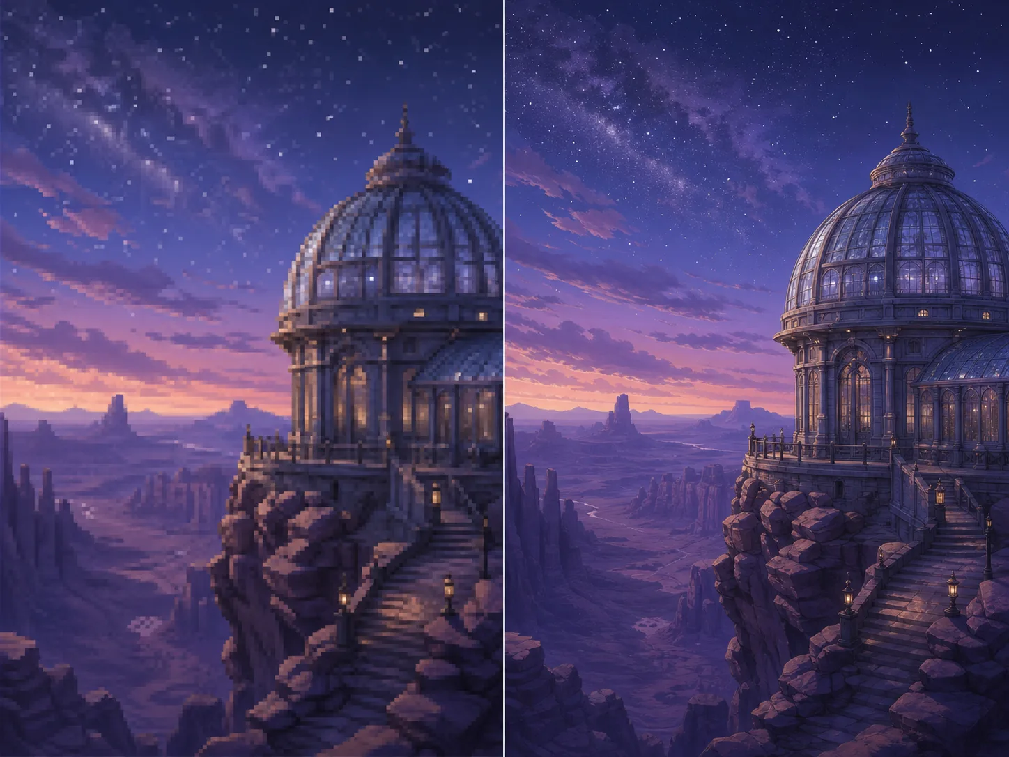 A fantasy observatory painting shown with low-resolution raster detail and a sharper upscale