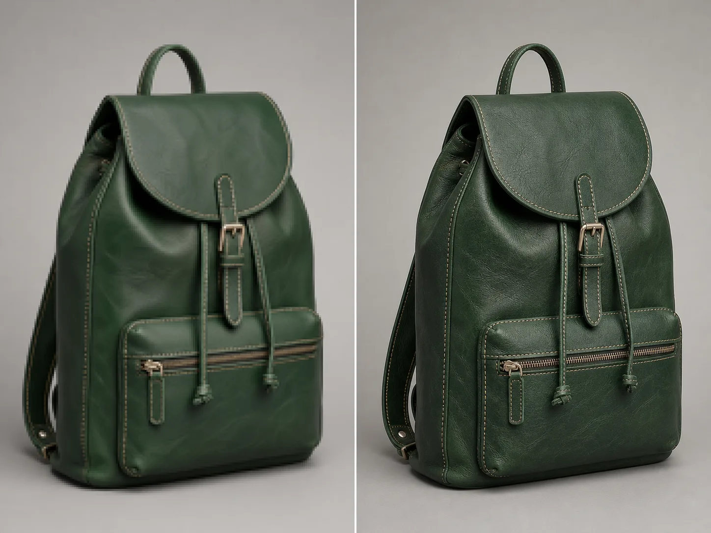A green leather backpack shown before and after enlargement with clearer stitching and hardware