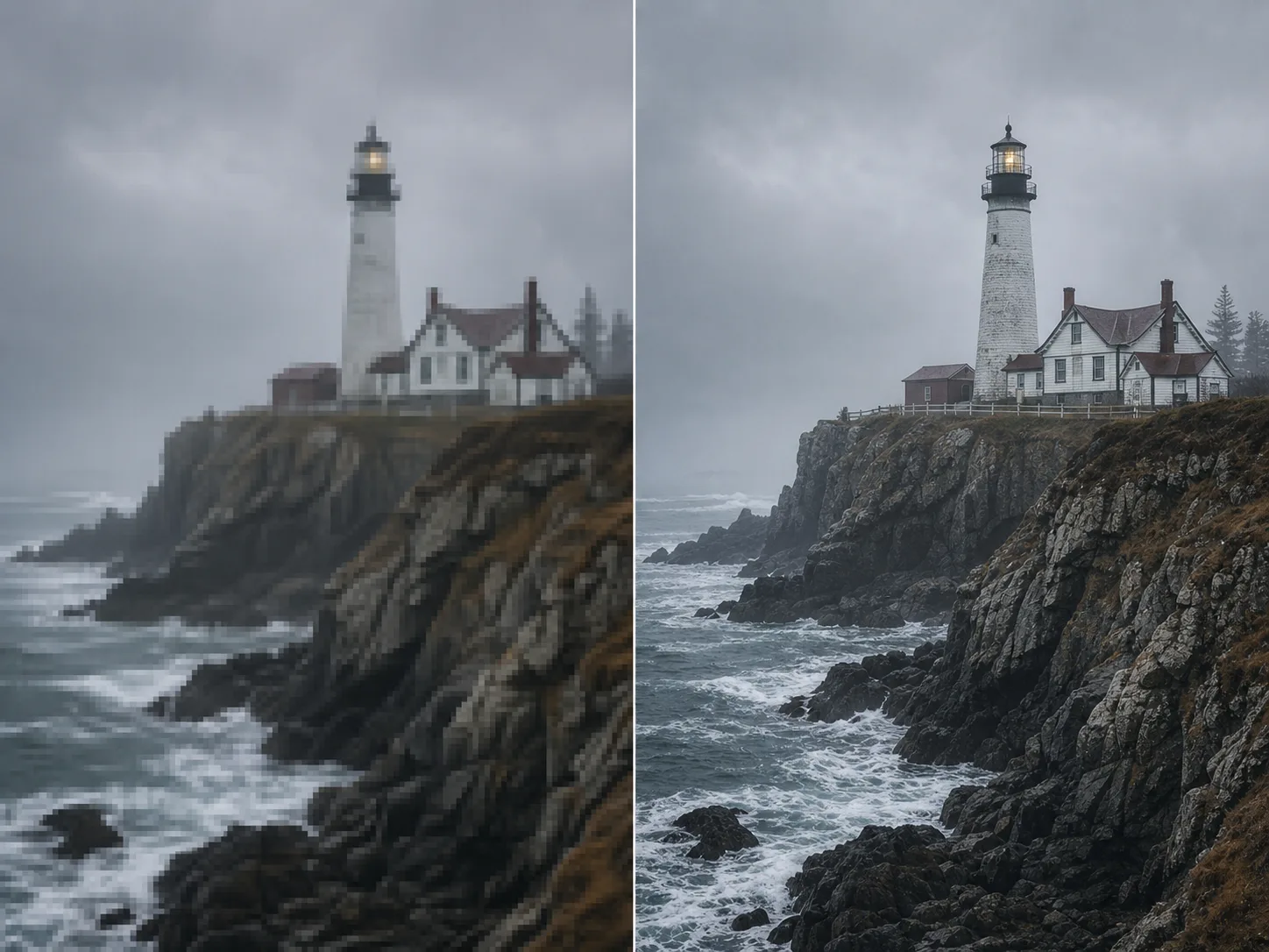 A coastal lighthouse scene shown as a blocky enlargement and a sharper detailed result