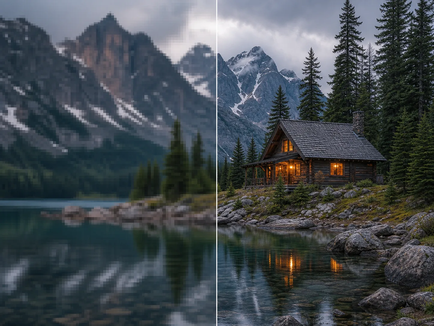 The same mountain cabin image shown as a blocky enlarged source and a sharper detailed result