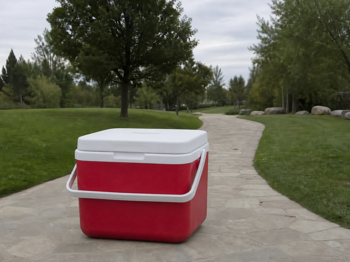 Avoid example of a large red picnic cooler blocking much of the park path and grass