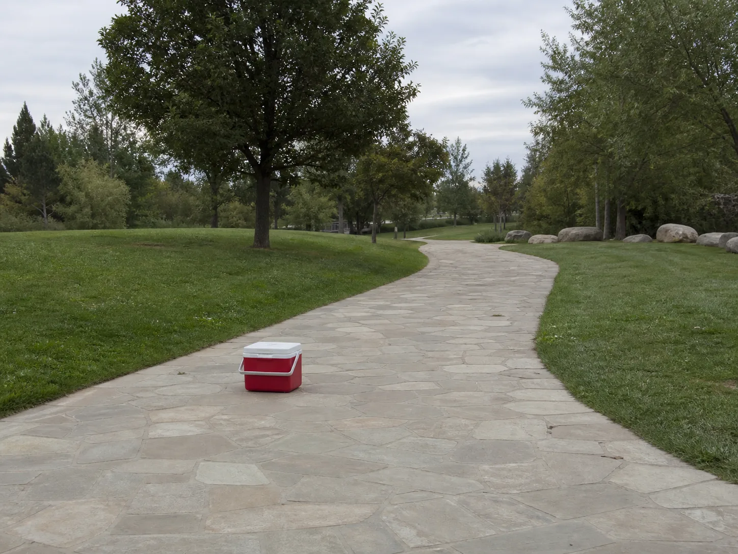 Recommended small red picnic cooler surrounded by a broad visible park path and grass