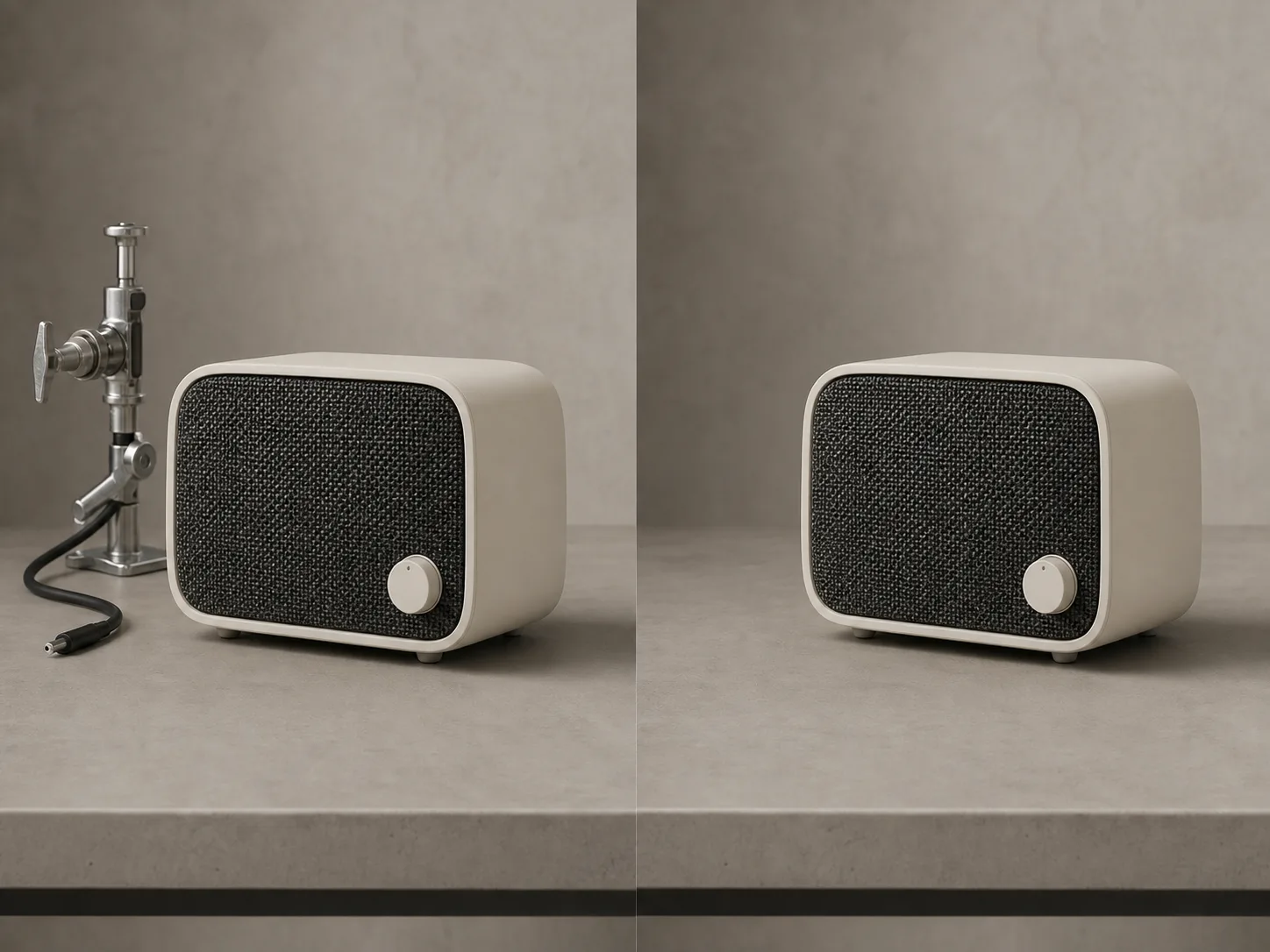 An unbranded cream speaker before and after a metal clamp and loose cable are removed