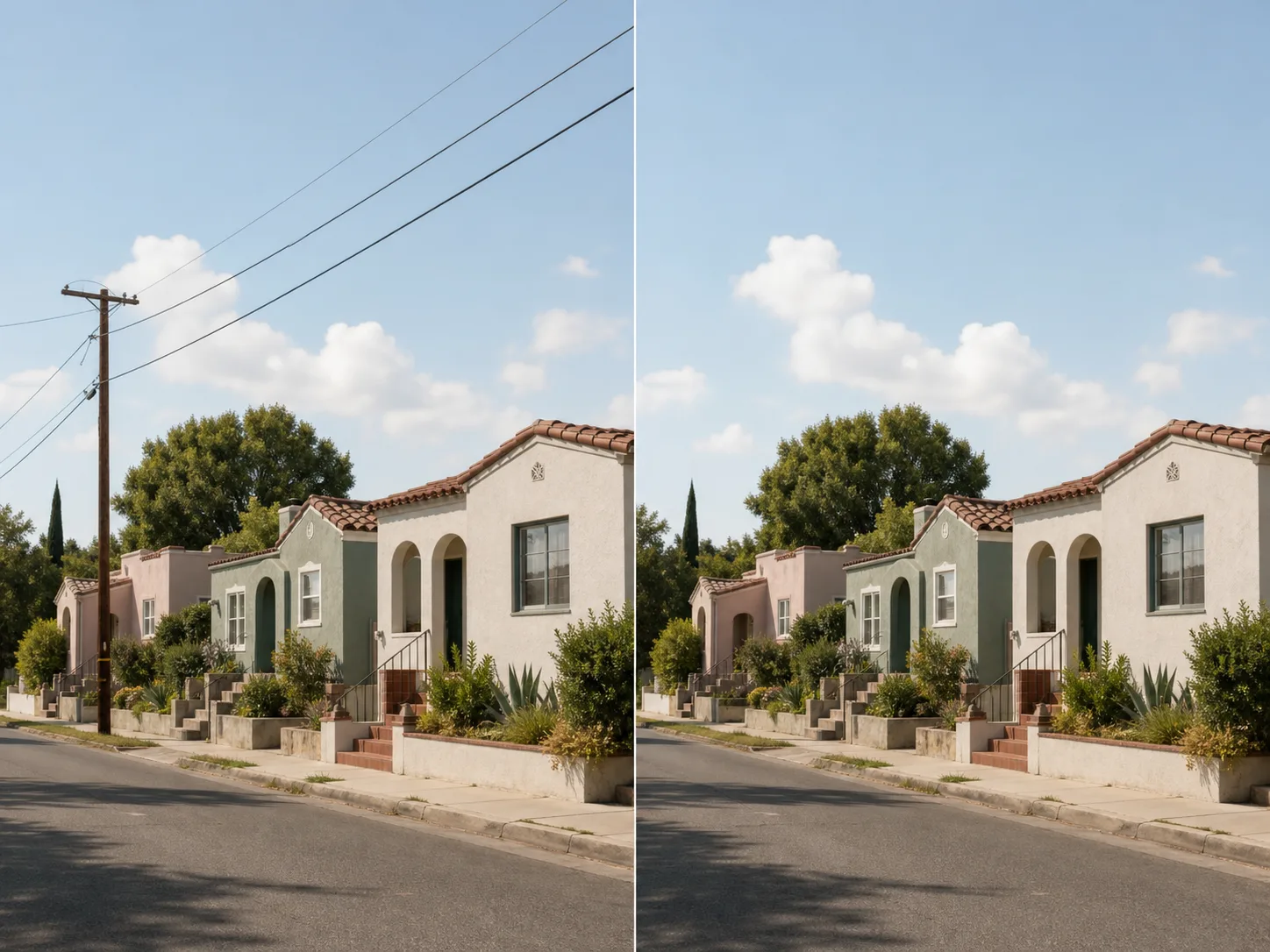 A quiet stucco residential street before and after a utility pole and overhead wires are removed