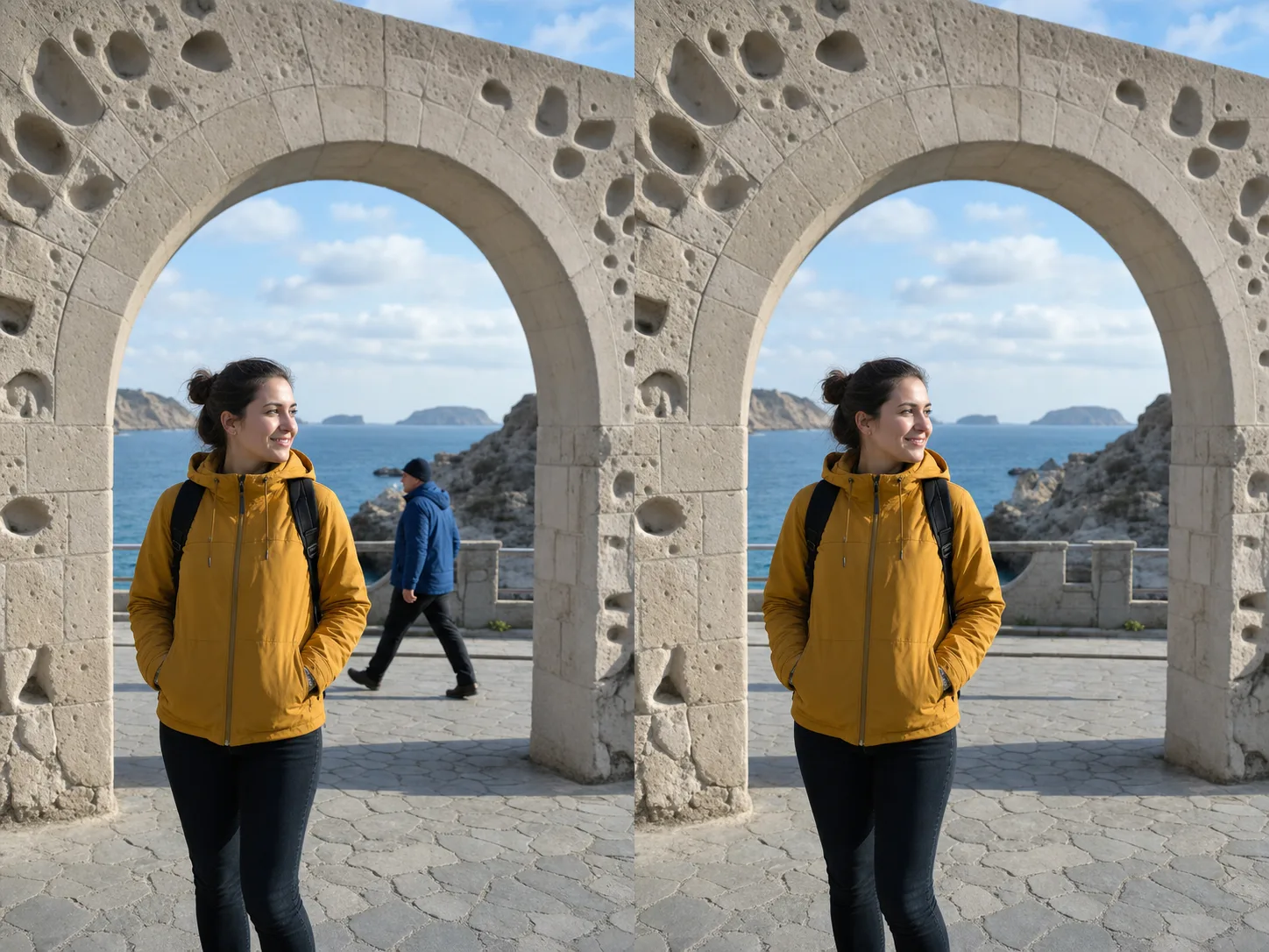 A fictional traveler beneath a seaside stone arch before and after a blue-jacketed passerby is removed