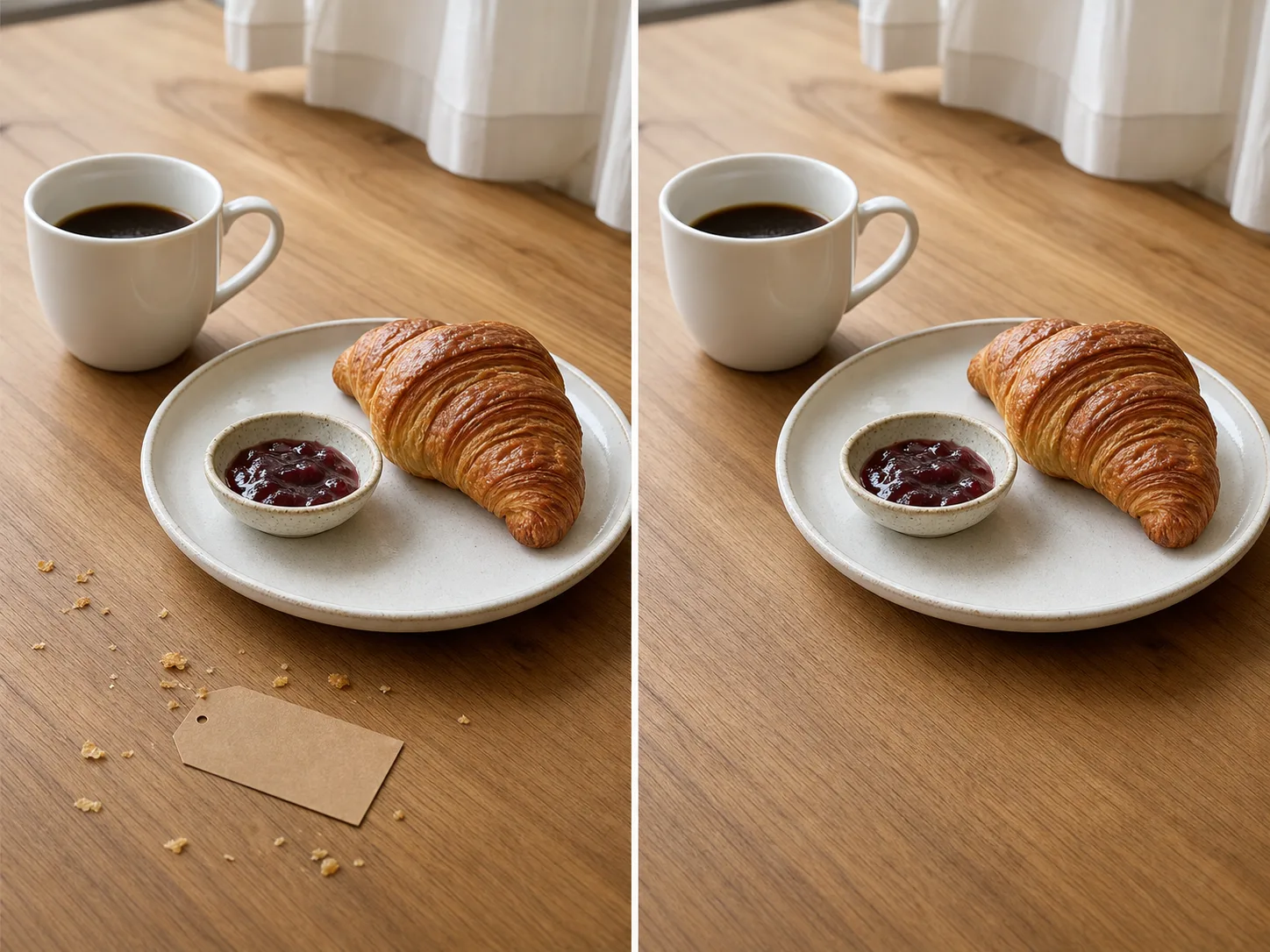 A breakfast tabletop before and after scattered crumbs and a blank paper tag are removed