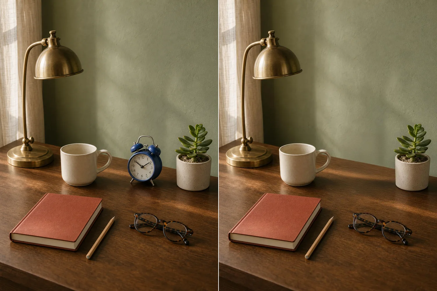 A desktop before and after a blue alarm clock is removed while the surrounding objects stay in place